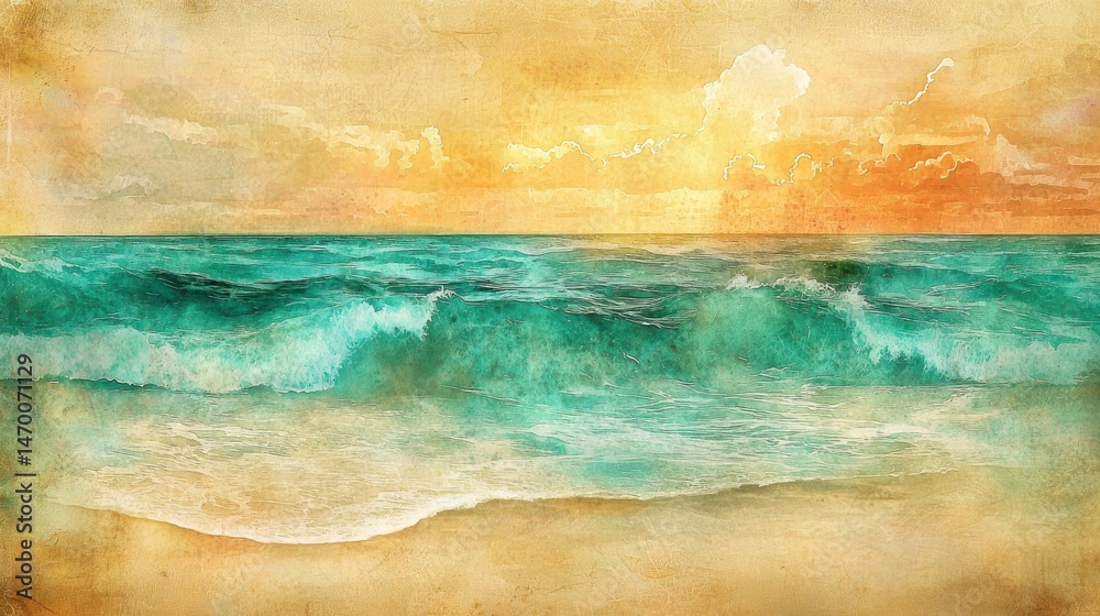 Fototapeta premium Serene Ocean Waves Under a Colorful Sunrise with Gentle Horizon