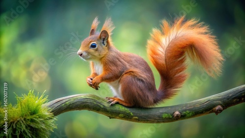 A Vibrant Red Squirrel Perched Gracefully on a Mossy Branch, Its Bushy Tail Fluffed in the Soft Light of a Verdant Forest