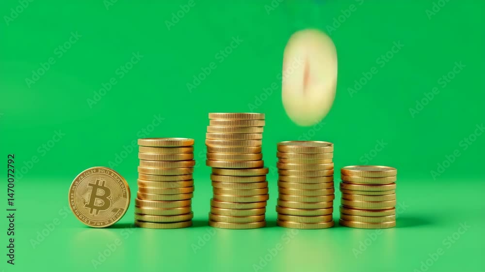 Stacks of gold coins with a Bitcoin symbol in front, arranged on a green background.