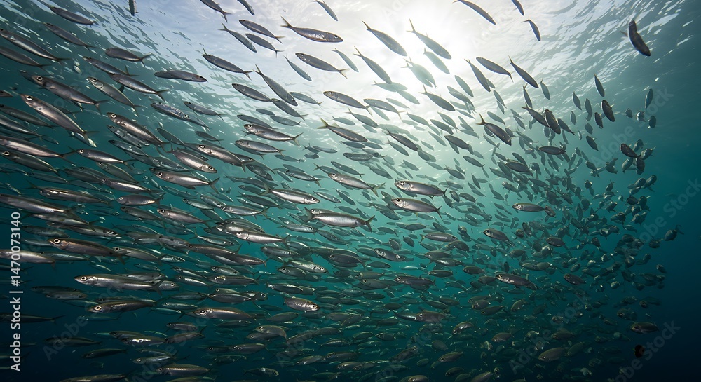 Naklejka premium Swimming fish shoal in ocean waters under sunlight
