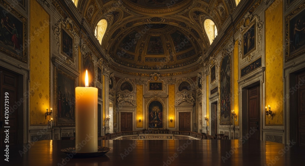 Fototapeta premium Illuminated Grandeur: A Candle in a Baroque Hall - A single candle illuminates the opulent interior of a grand baroque hall