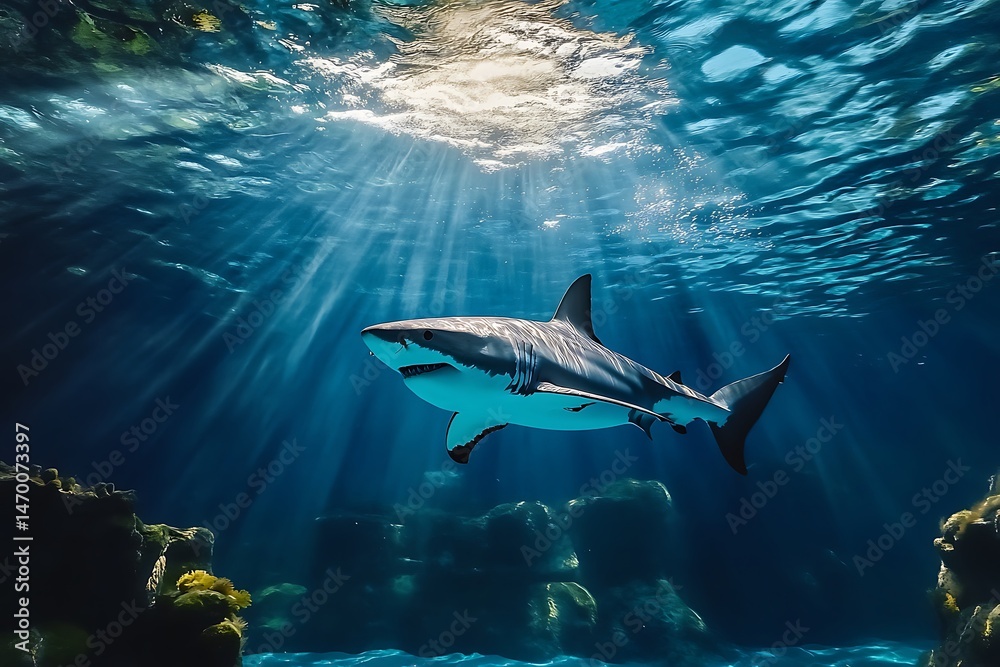 Fototapeta premium Majestic great white shark swimming in clear ocean waters underwater ultra hd photography