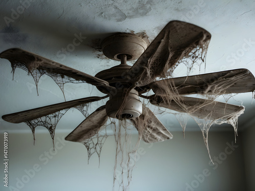 Dusty Abandonment: A close-up captures a ceiling fan coated in thick dust and cobwebs, a visual testament to decay and neglect.