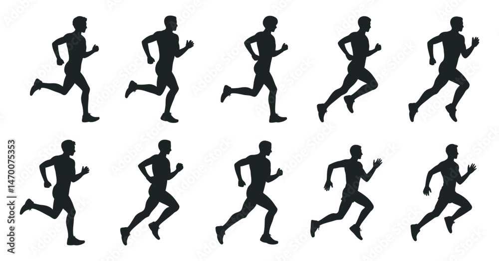 Ten Silhouettes of a Man Running in Various Stages of a Sprint Ten Silhouettes of a Man Running in Various Stages of a Sprint