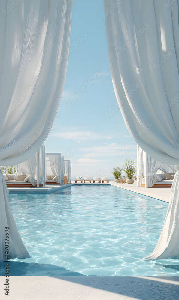 Naklejka premium Luxurious pool area with curtains and sunbeds for relaxation on a beautiful sunny day
