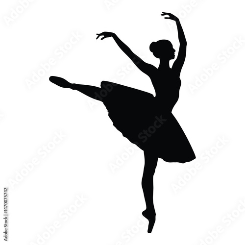 Graceful Ballet Dancer Silhouette Performing Arabesque Pose in Classic Tutu on White Background – Elegant Dance Art Illustration, Ballet dancer silhouette