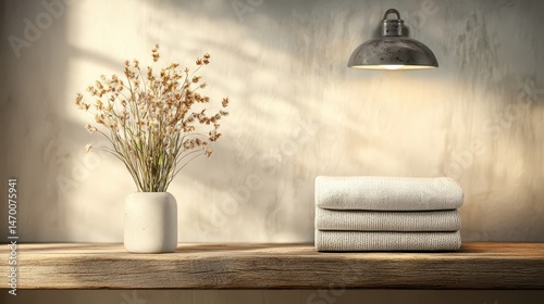 A minimalist shelf with a vase of dried flowers, folded towels, and a modern wall lamp, creating a calm and cozy atmosphere.