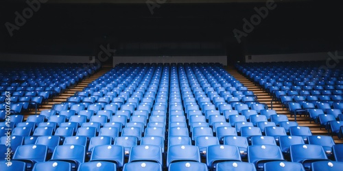 Rows of empty blue stadium seats awaiting an audience