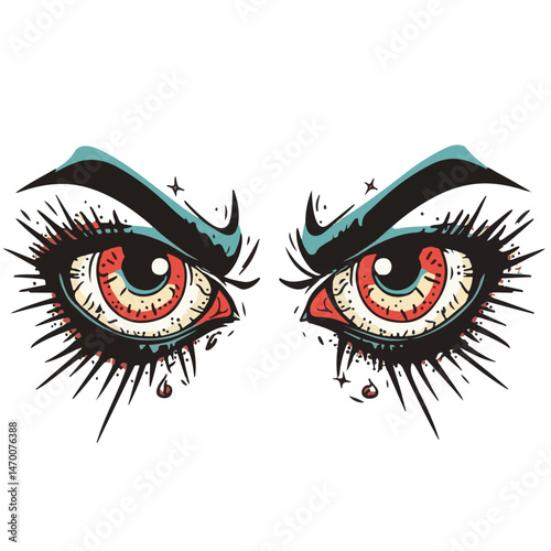 Intense Gaze Red Eyes With Bold Eyebrows Vintage Style Illustration Isolated On White Background For Creative Projects
