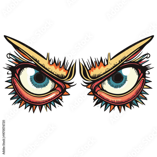 Stylized Cartoon Eyes With Spiky Lashes And Vibrant Color Palette Vector Illustration