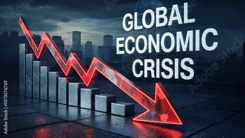 Economic decline graph plummeting against urban skyline, depicting financial downturn and market instability.