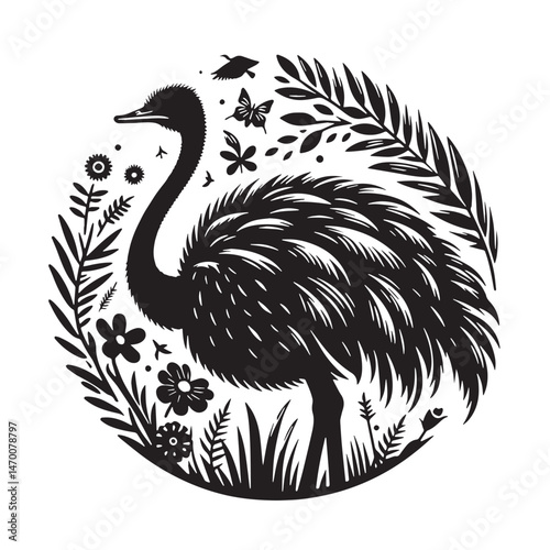 Ostrich Silhouette line art vector illustration on white background