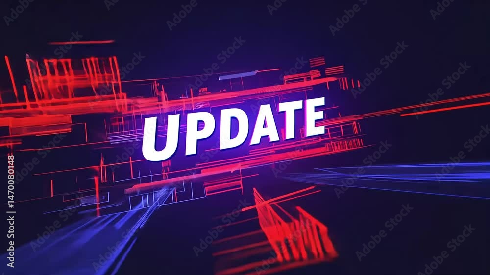 UPDATE in white letters on a dynamic, abstract background with red and blue streaks