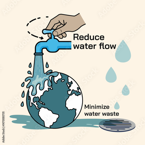 Illustration promoting water conservation, a hand reduces water flow from a faucet over the Earth, emphasizing the message "Reduce water flow Minimize water waste." Eco-friendly design.