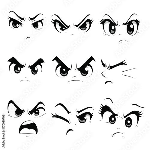 Cartoon Eyes With Angry Expressions Set In Black And White Vector Illustration Isolated On White