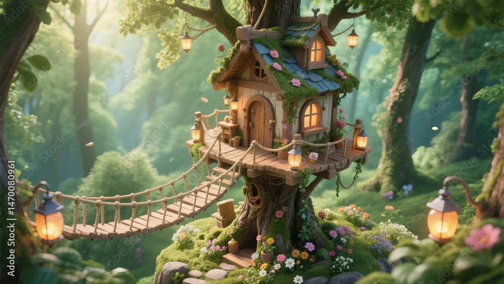 Fototapeta premium Enchanting treehouse nestled in a whimsical forest, with glowing lanterns, lush greenery, and a rope bridge leading to a cozy wooden dwelling, creating a magical and inviting scene 8K