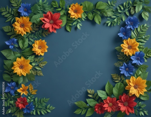 Wallpaper Mural Overhead vibrant paper flowers, green leaves, blue backdrop,  DIY,  art,  summer flowers Torontodigital.ca