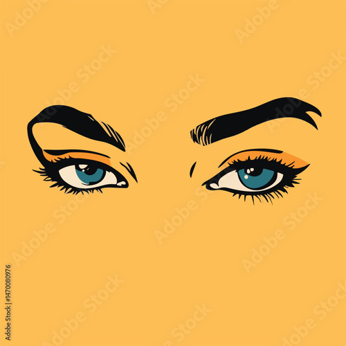 Stylish Pop Art Vector Illustration Of A Womans Eyes With Bold Eyeliner On A Sunny Yellow Background