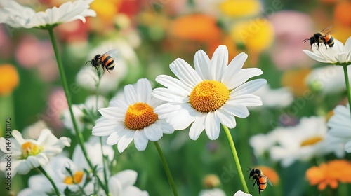 Bees Pollinating Daisies in Meadow.