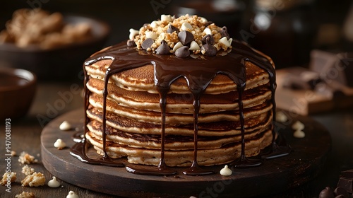 Decadent Chocolate Drizzled Pancake Stack with Crunchy Toppings