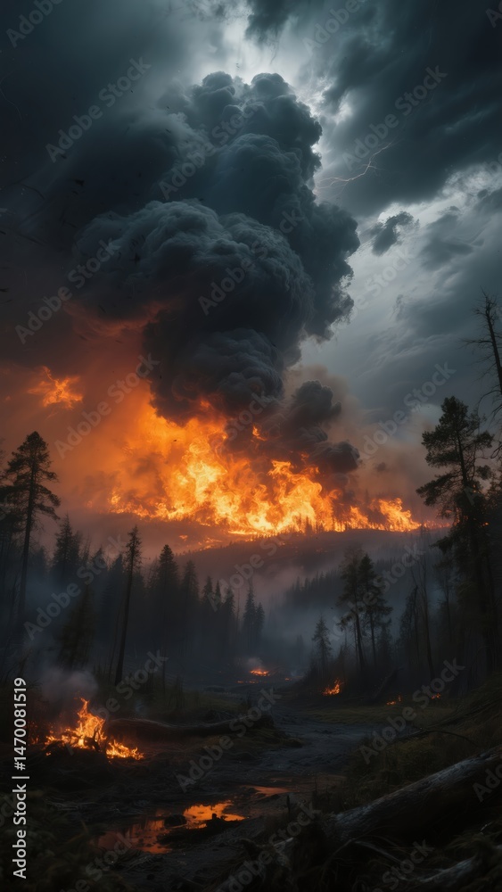 Fototapeta premium Inferno in the Woods: A Catastrophic Wildfire Engulfs the Forest Under a Thunderous Sky, Painting a Scene of Destruction and Despair 8K