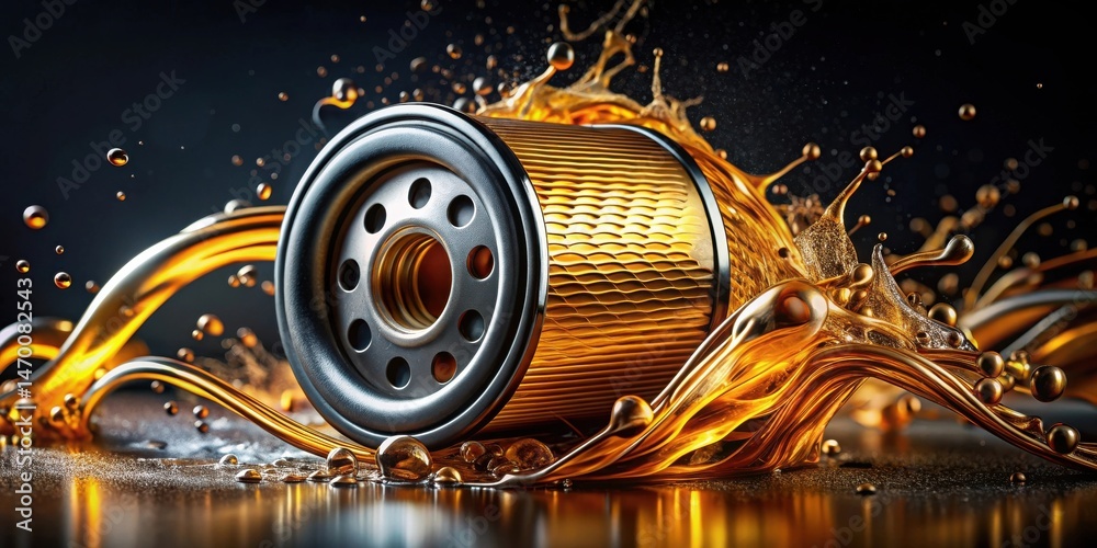 custom made wallpaper toronto digitalA gleaming metallic oil filter is dramatically showcased amidst a vibrant splash of golden lubricant, emphasizing its role in automotive maintenance and fluid filtration.