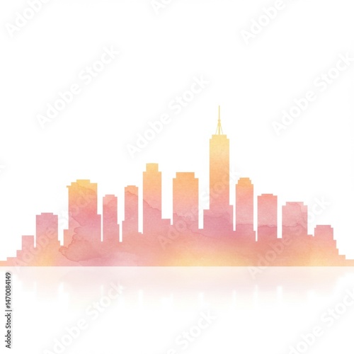 Watercolor City Skyline at Sunset