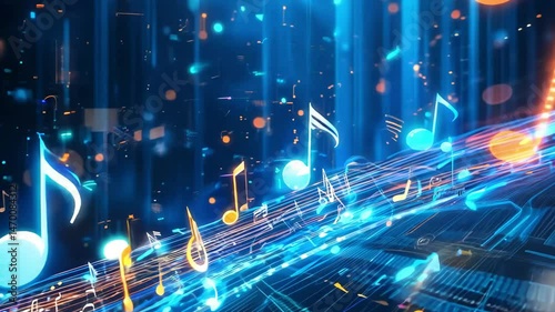 Glowing Musical Notes Dance Across a Digital Soundscape Perfect for Music Backgrounds and Audio Visuals
