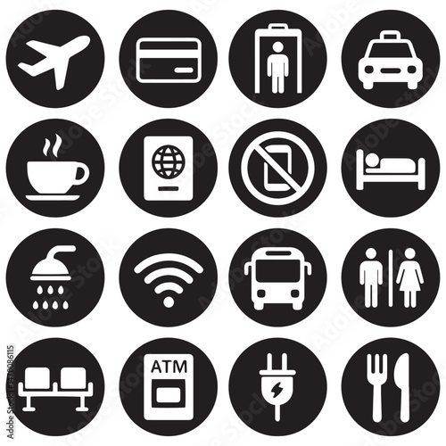 Airport travel icons in black circles