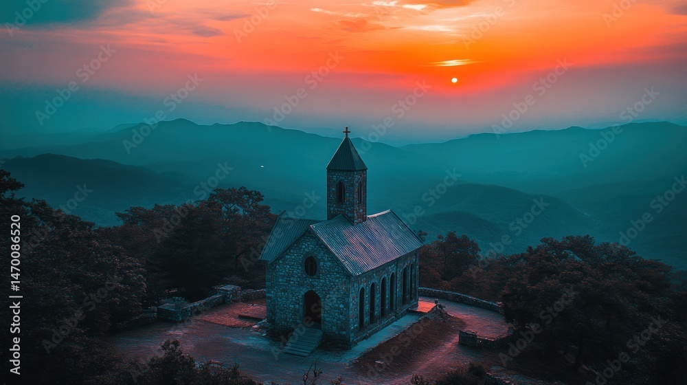 Fototapeta premium Serene Sunset at Mountaintop Chapel: A Breathtaking View