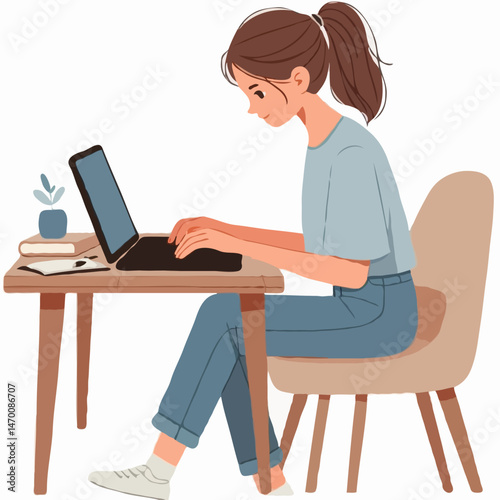 Female intern working at laptop desk 