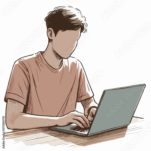 Young man working on laptop during internship