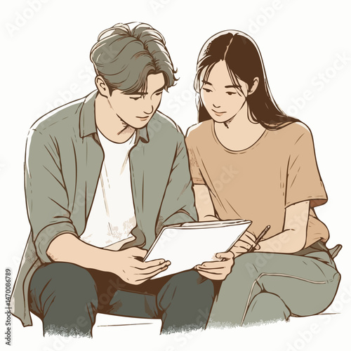Two interns discussing documents 