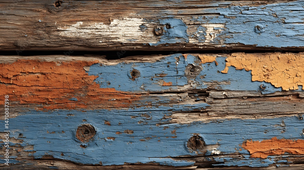 Naklejka premium Weathered wood planks, paint chipped, showing age and texture