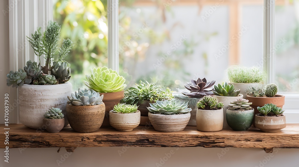 Fototapeta premium Windowsill succulent collection in rustic pots