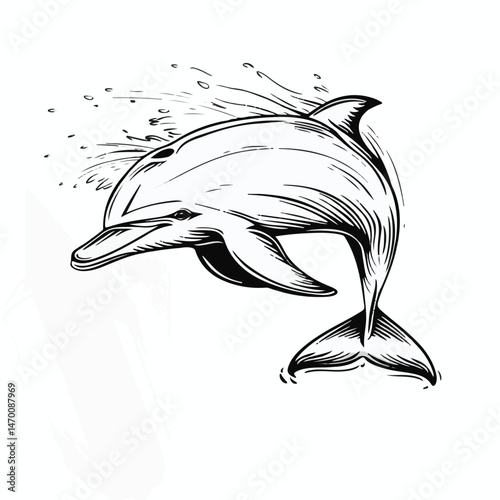 Dolphin Illustration With Water Splash Black And White Vector Image Aquatic Life Marine Animal