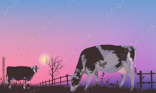 Livestock farm with cow, cattle on farming land view background vector illustration. Agricultural and harvest theme design.