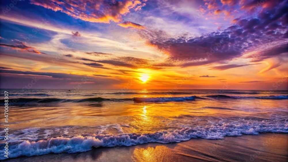 Obraz premium Serene Ocean Sunset Waves Gently Crashing on Sandy Shore at Dusk with Vivid, Colorful Sky