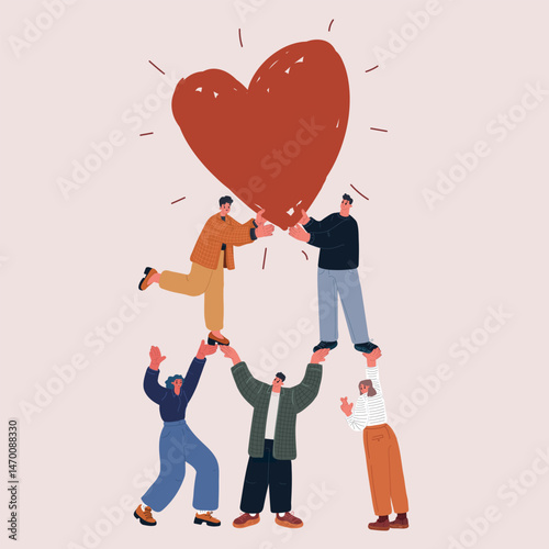 Cartoon vector illustration of a group of people holding a big heart together as a symbol of unity, love, and collective support