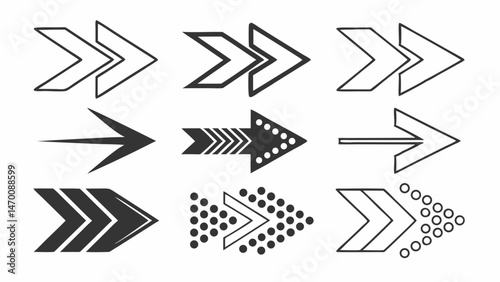 Stylish Arrow Icons Nine Unique Designs for Web Print Perfect for Navigation and Direction Vector Graphics in Black and
