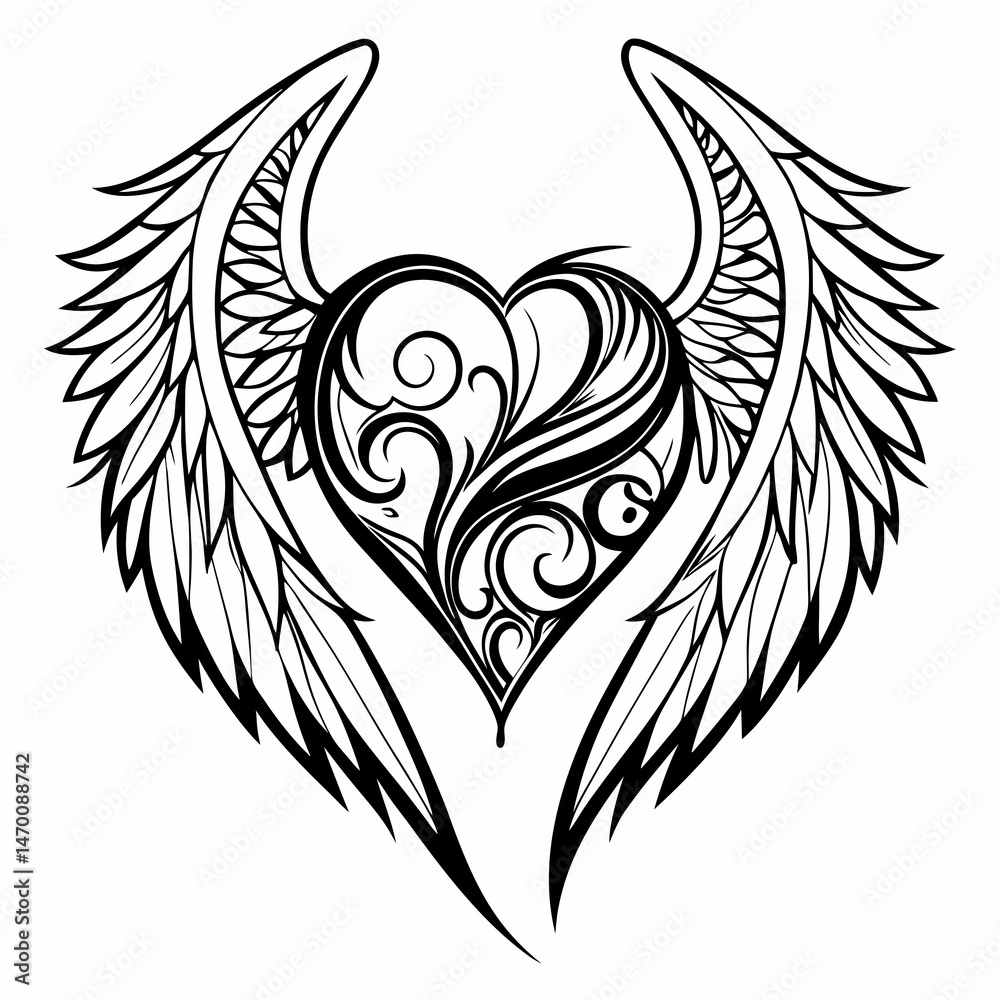 Fototapeta premium Ornate winged heart tattoo design intricate swirls feathers perfect for body art lovers seeking unique symbolic ink