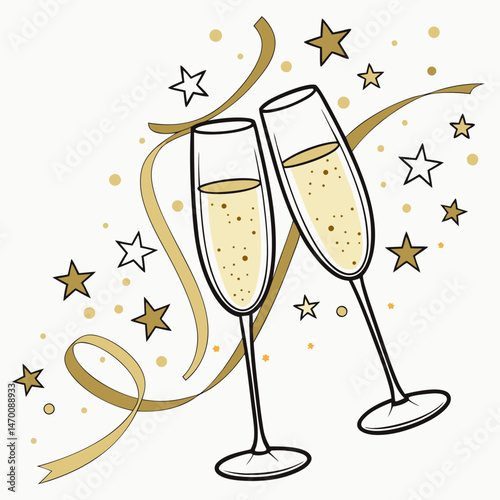 Celebrate Two champagne flutes clinking festive gold ribbons stars joyful New Year s toast graphic