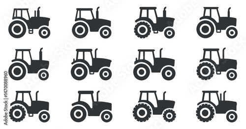 Twelve Variations of Tractor Icons Set for Agriculture and Farming