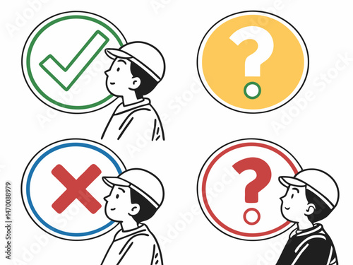 Child contemplating choices green checkmark red X yellow and red question marks Simple line art style bold colors clear