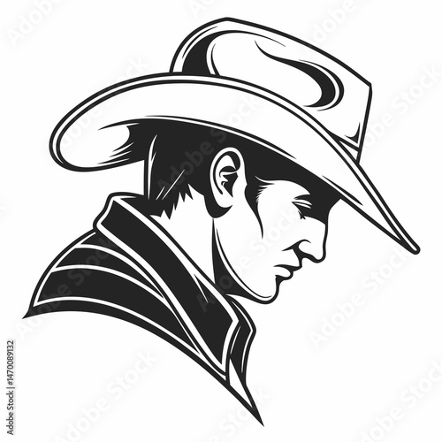 Pensive Cowboy Profile Classic Western Illustration Bold Black White Design Strong Lines Simple Background