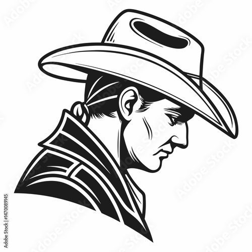 Pensive Cowboy Profile Classic Western Art Black White Line Drawing Strong Features Detailed Hat Solitary Figure