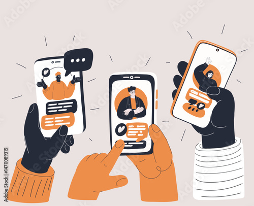 Cartoon vector illustration of hands holding smartphones with chat apps, symbolizing digital connection and communication across distance