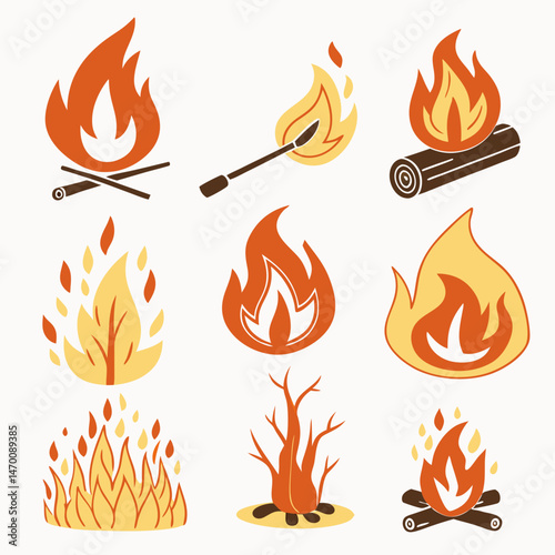 Vibrant campfire flame icons A collection of diverse bonfire illustrations with stylized flames perfect for logos