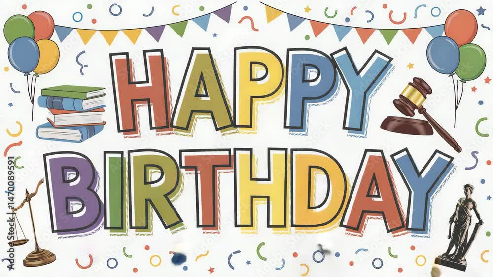 Colorful happy birthday greeting with law related icons like books, gavel, scales of justice, and balloons, perfect for a lawyer's birthday celebration. Colorful happy birthday greeting with law related icons like books, gavel, scales of justice, and balloons, perfect for a lawyer's birthday celebration.