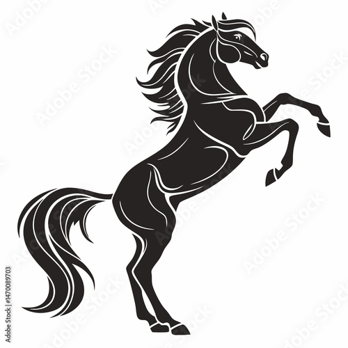 Majestic rearing black stallion powerful silhouette dynamic pose elegant flowing mane and tail isolated on white strong